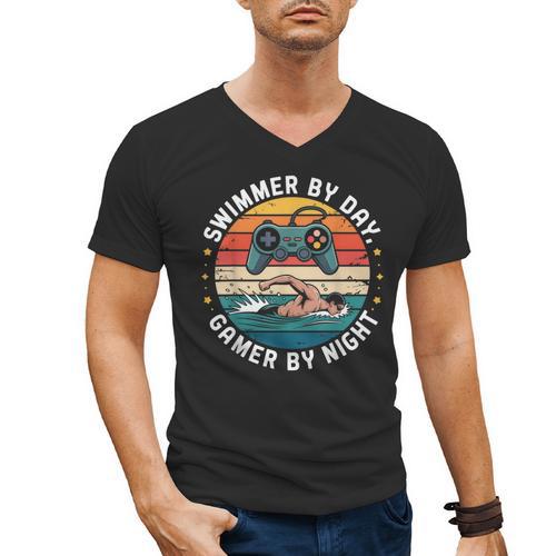 Swimmer By Day Gamer By Night Swimming Vintage Gaming Swim Men's V-Neck T-Shirt - SwimGear Co