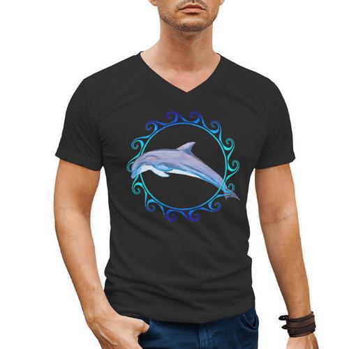 Swimming Dolphin Maori Sun Tribal Waves 2-Sided Men's V-Neck T-Shirt - SwimGear Co