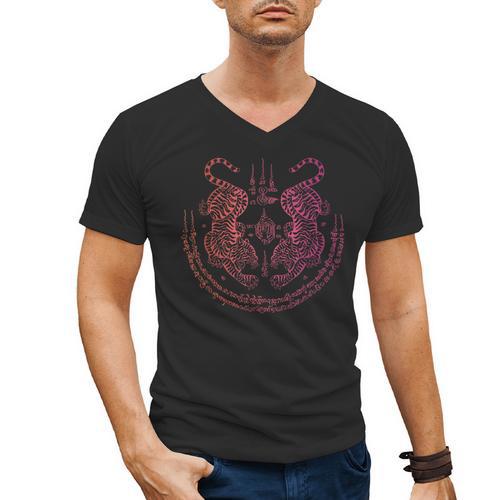 Thai Tattoo Twin Tiger Sak Yant Muay Thai Thailand Graphic Men's V-Neck T-Shirt - Nak Muay Co.