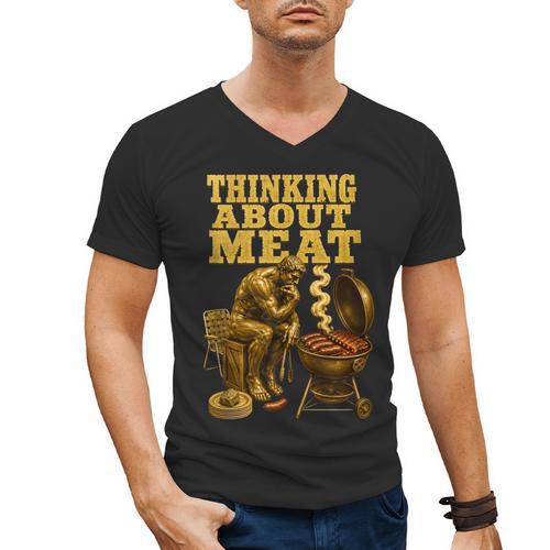Thinking About Meat BBQ Dad Humor Men's V-Neck T-Shirt - BBQ Dad Merch