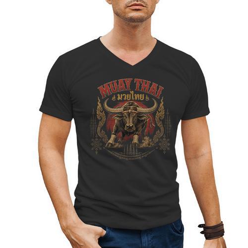 Vintage Muay Thai Dad Thai Boxing Fighter Father Buffalo Men's V-Neck T-Shirt - Nak Muay Co.