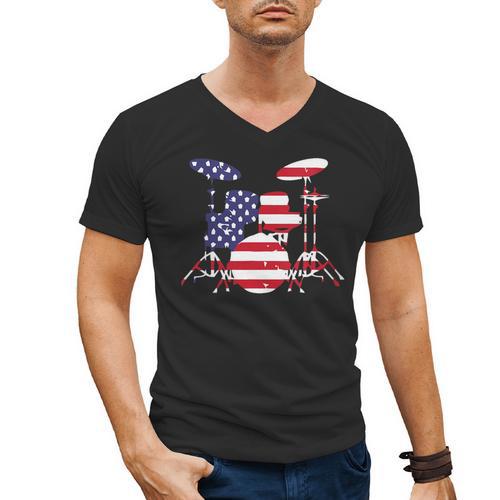 Women's American Flag Drum Kit Patriotic US Drum Art Men's V-Neck T-Shirt - Downbeat Supply