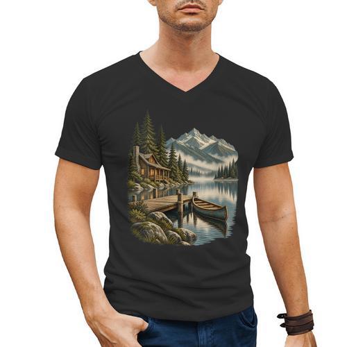 Women's Lakeside Canoe Cabin Escape Scene Men's V-Neck T-Shirt - Paddle Life