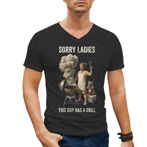 Women's Sorry Ladies This Guy Has A Grill BBQ Dad Men Lover Men's V-Neck T-Shirt - BBQ Dad Merch