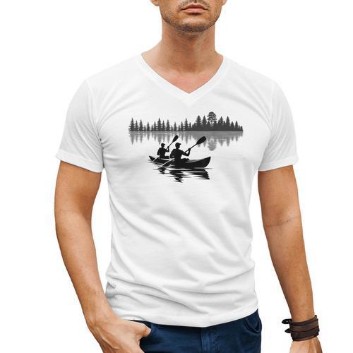 Canoe Silhouette Forest Lake Reflection Men's V-Neck T-Shirt - Paddle Life