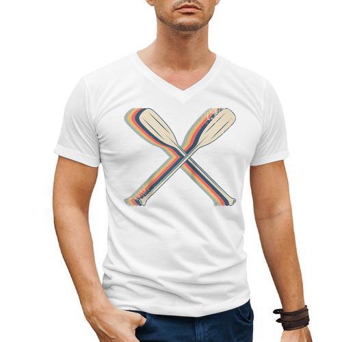 Canoeing Canoe Paddle Paddling Retro Line Art Raglan Baseball Tee Men's V-Neck T-Shirt - Paddle Life