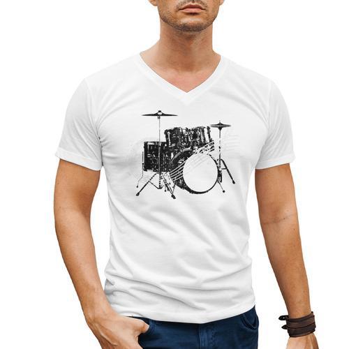 Drum Kit Drummer Band Musical Instrument Rock Music Raglan Baseball Tee Men's V-Neck T-Shirt - Downbeat Supply