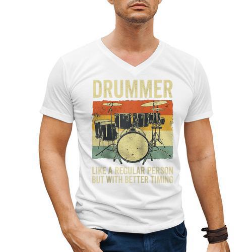 Drummer Better Timing Retro Vintage Sunset Drum Kit Graphic Raglan Baseball Tee Men's V-Neck T-Shirt - Downbeat Supply