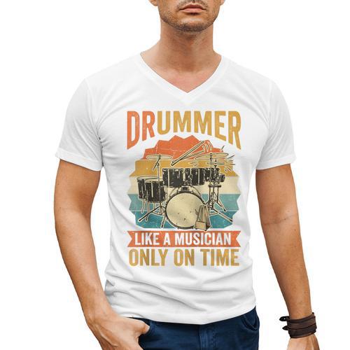 Drummer Like a Musician Only On Time Vintage Sunset Drum Kit Raglan Baseball Tee Men's V-Neck T-Shirt - Downbeat Supply