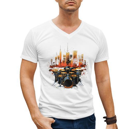 Drumset Drum Kit Music Drummer Drumming Raglan Baseball Tee Men's V-Neck T-Shirt - Downbeat Supply