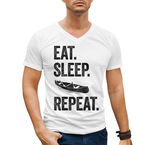 Eat Sleep Canoe Repeat Canoeing Outdoors Raglan Baseball Tee Men's V-Neck T-Shirt - Paddle Life