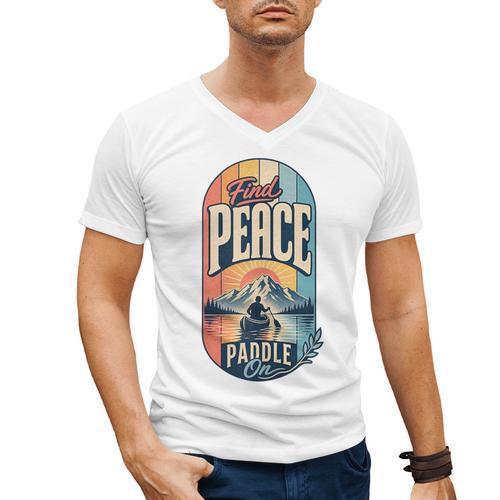 Find Peace Paddle On Canoe Mountain Sunset Men's V-Neck T-Shirt - Paddle Life