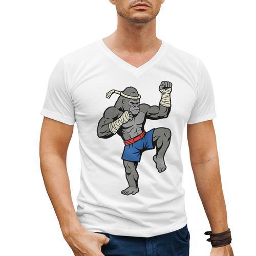 Gorilla Muay Thai Combat Sport Fighter Martial Arts 8 Limbs Raglan Baseball Tee Men's V-Neck T-Shirt - Nak Muay Co.