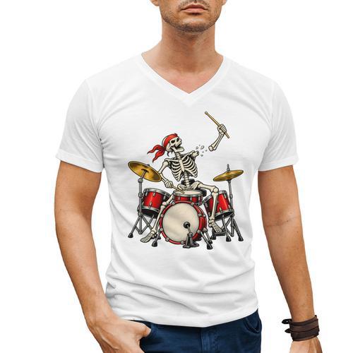 Skeleton Drummer Skull Drum Kit Halloween Men's V-Neck T-Shirt - Downbeat Supply