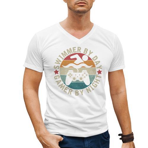 Swimmer By Day Gamer By Night Swimming Swim Gaming Men's V-Neck T-Shirt - SwimGear Co