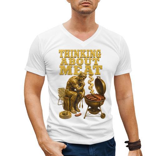 Thinking About Meat BBQ Dad Humor Raglan Baseball Tee Men's V-Neck T-Shirt - BBQ Dad Merch