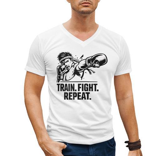 Train Fight Repeat Nak Muay Thai Boxing Fighter Raglan Baseball Tee Men's V-Neck T-Shirt - Nak Muay Co.