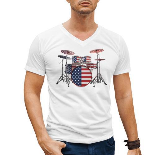 USA Patriotic Drum Kit American Flag Drum Set Men's V-Neck T-Shirt - Downbeat Supply