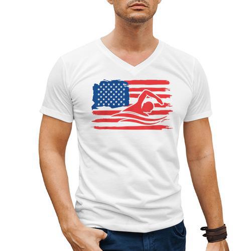 Vintage American Flag Swim Team Swimmer Funny Swimming Gift Men's V-Neck T-Shirt - SwimGear Co