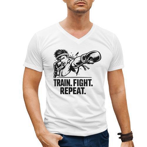 Women's Train Fight Repeat Nak Muay Thai Boxing Fighter Men's V-Neck T-Shirt - Nak Muay Co.