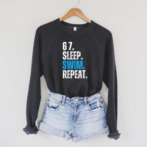67 Sleep Swim Repeat Swimming Swimmer 67 Meme Raglan Sleeve Sweatshirt - SwimGear Co