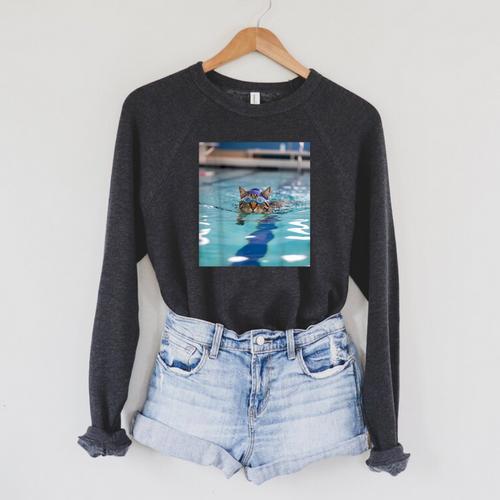 Competitive Swim Team Funny Kitty Cat Swimming Raglan Sleeve Sweatshirt - SwimGear Co