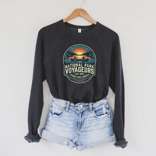 National Park Voyageurs Retro Sunset Canoe Paddling Badge Raglan Sleeve Sweatshirt - Paddle Life