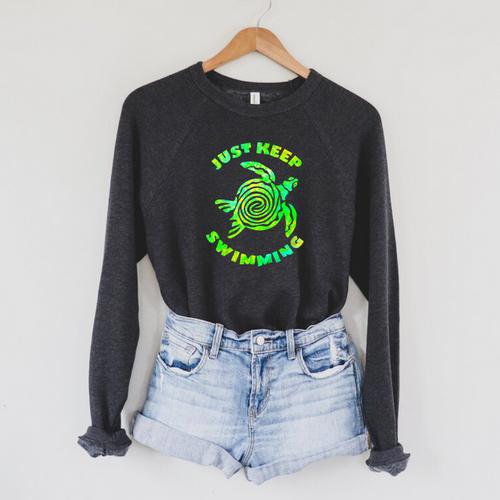 Sea Turtle Just Keep Swimming Ocean Beach Vacation Raglan Sleeve Sweatshirt - SwimGear Co