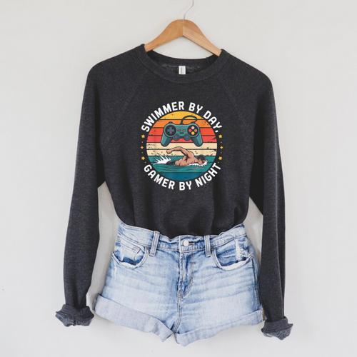 Swimmer By Day Gamer By Night Swimming Vintage Gaming Swim Raglan Sleeve Sweatshirt - SwimGear Co