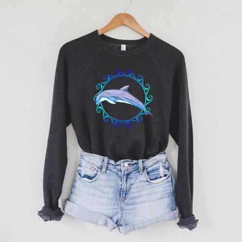 Swimming Dolphin Maori Sun Tribal Waves 2-Sided Raglan Sleeve Sweatshirt - SwimGear Co