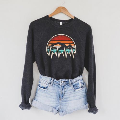 Swimming Heartbeat Retro Swim Swimmer Men Women Raglan Sleeve Sweatshirt - SwimGear Co