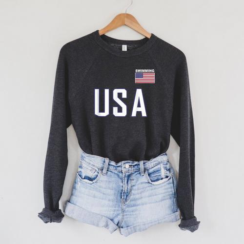 USA Flag Swim Swimming Sport Practice Equipment Men Women Raglan Sleeve Sweatshirt - SwimGear Co