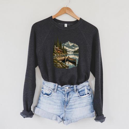 Women's Lakeside Canoe Cabin Escape Scene Raglan Sleeve Sweatshirt - Paddle Life