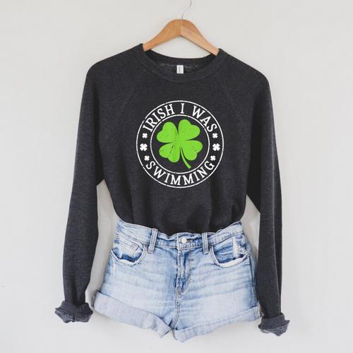 Irish I Was Swimming Shamrock St Patrick's Day Swimmer Raglan Sleeve Sweatshirt - SwimGear Co