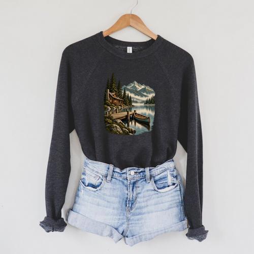Lakeside Canoe Cabin Escape Scene Raglan Sleeve Sweatshirt - Paddle Life