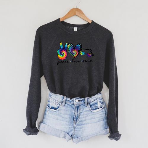 Peace Love Swim Tie Dye Swimmer Swimming Summer Trip Raglan Sleeve Sweatshirt - SwimGear Co