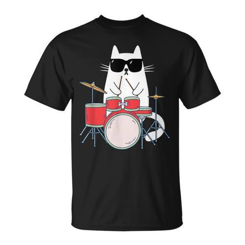 Cat Wearing Sunglasses Playing Drums Drum Kit Musician T-Shirt - Downbeat Supply