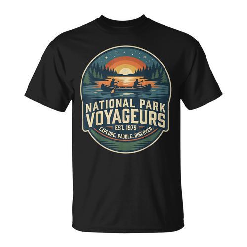 National Park Voyageurs Retro Sunset Canoe Paddling Badge T-Shirt - Paddle Life