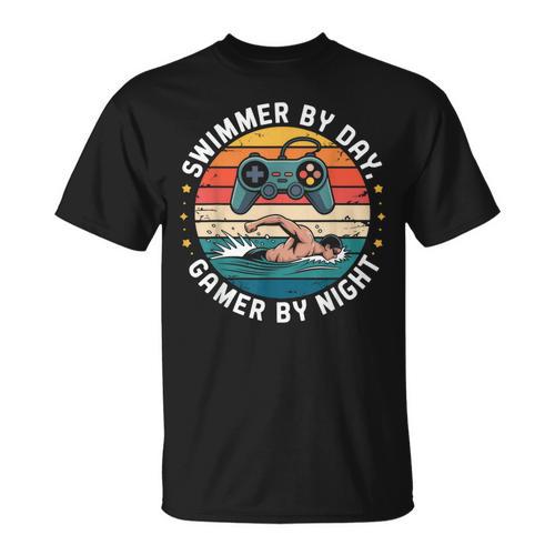 Swimmer By Day Gamer By Night Swimming Vintage Gaming Swim T-Shirt - SwimGear Co
