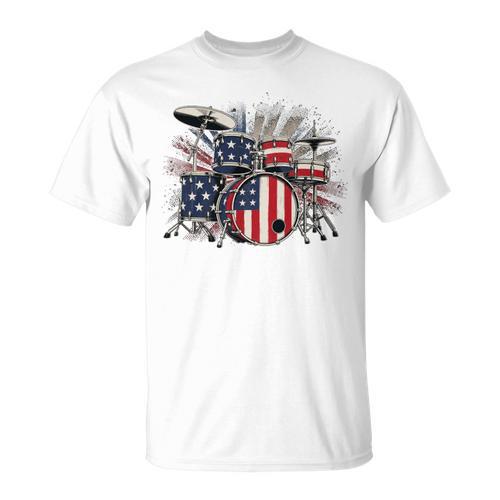 Drum Kit With American Flag Graphic For Musicians T-Shirt - Downbeat Supply