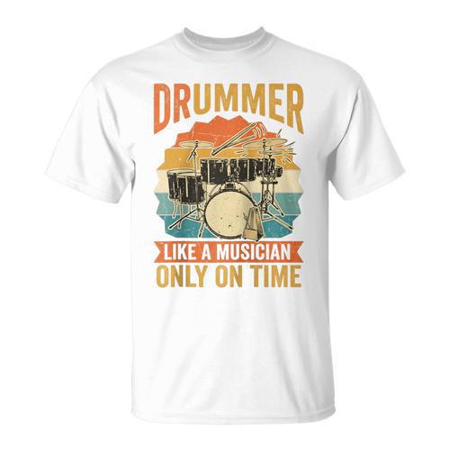 Drummer Like a Musician Only On Time Vintage Sunset Drum Kit Raglan Baseball Tee T-Shirt - Downbeat Supply