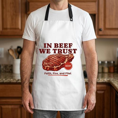 In Beef We Trust BBQ Dad Joke Grill Steak Carnivore Apron - BBQ Dad Merch