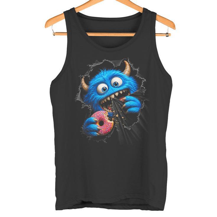 Monstruo Azul Peludo Con Donut Humor Goloso En Ilusión 3D Camiseta sin mangas