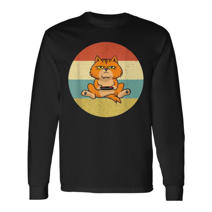Chat Geek Hommeintage Rétro Idée Cadeau Gamer Personnalisé T-shirt à manches longues