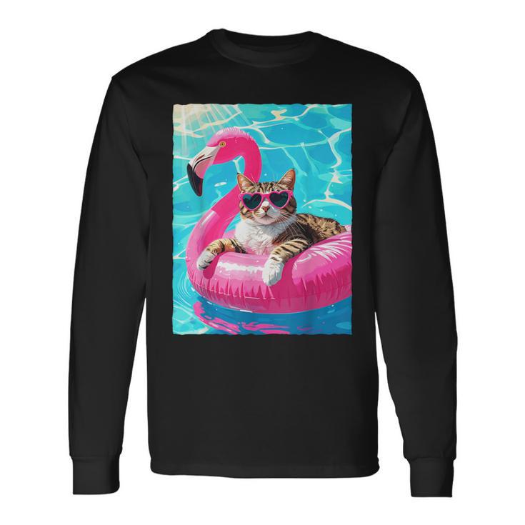 Gato Divertido Flamenco Rosa Flotador Gafas Corazónerano Camiseta de manga larga