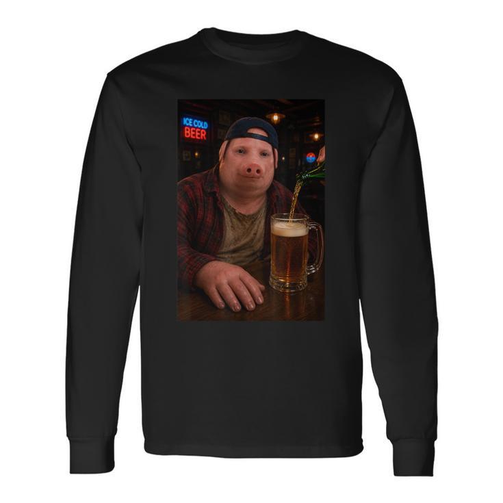 John Pork Bere Birra Pub Divertente Brainrot Meme Papà Maglietta a maniche lunghe
