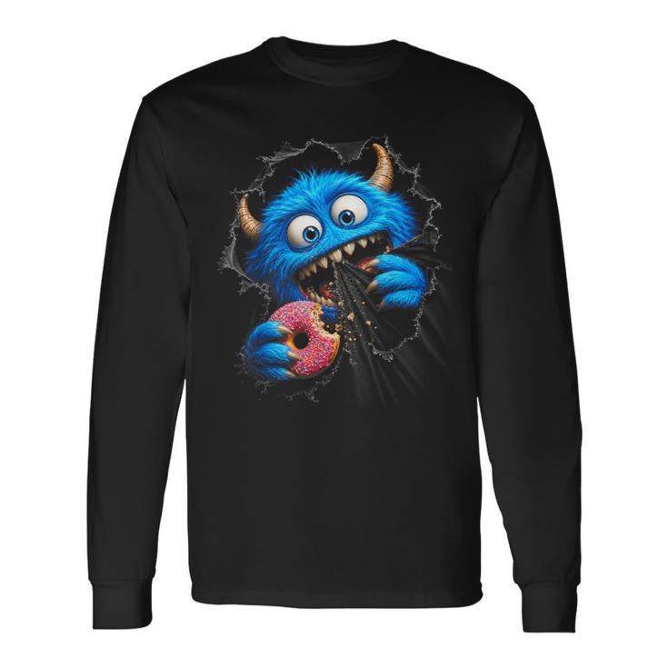 Monstruo Azul Peludo Con Donut Humor Goloso En Ilusión 3D Camiseta de manga larga