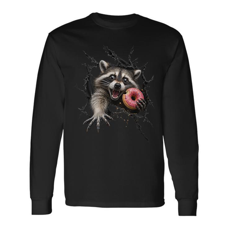 Raton Laveur Drôle Gourmand Avec Donut Rose Humour Animal 3D T-shirt à manches longues