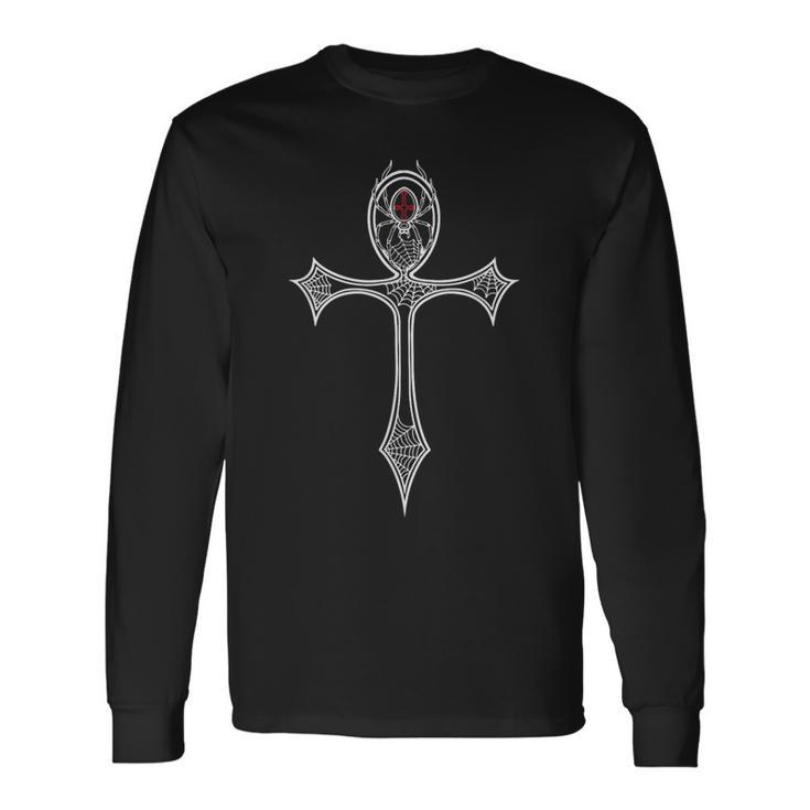 Símbolo Egipcio Y Gótico Ankh Con Cruz Araña Gótica Camiseta de manga larga