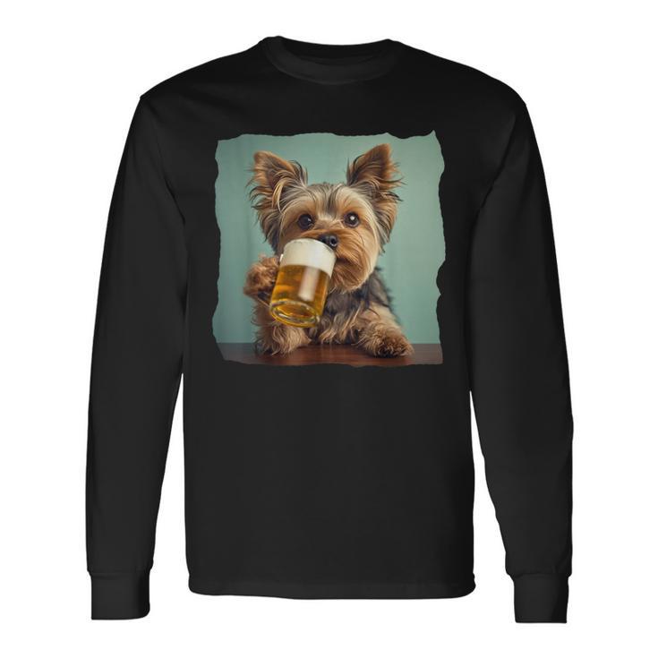 Yorkshire Terrier Cerveza Divertido Perro Bebiendo Meme Mamá Papá Camiseta de manga larga